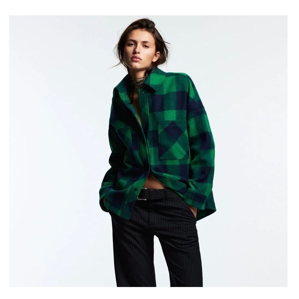 Zara Womens Plaid Overshirt Shacket Green Blue Check Jacket Flannel Barn Coat XL